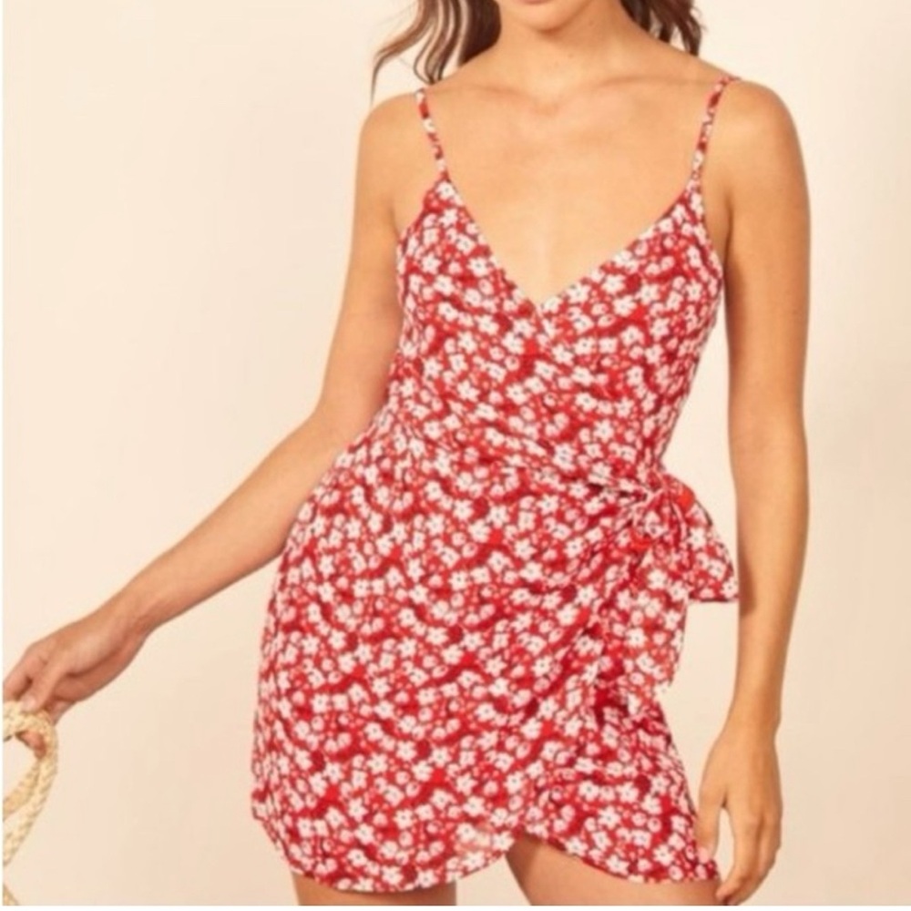 Reformation -NWOT women’s Red Floral print sleeveless Tropo Wrap mini Dress SZ S